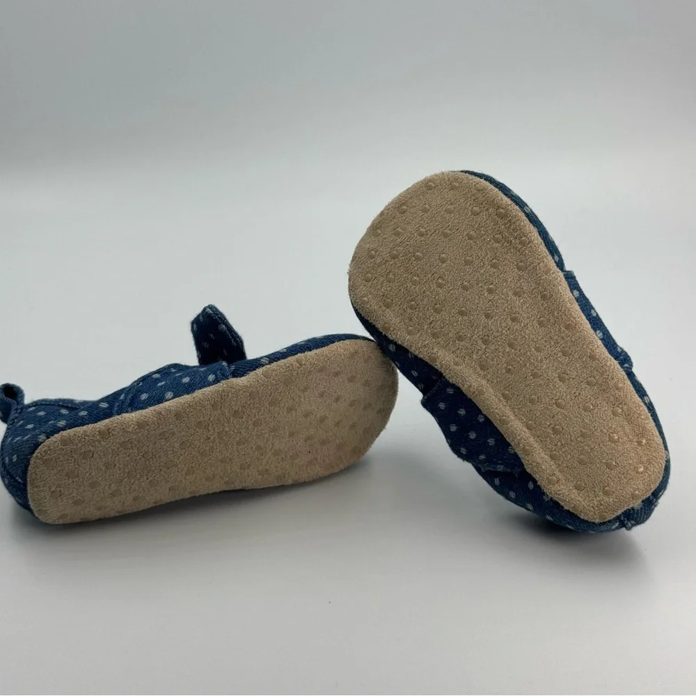 Old Navy Blue Jean and Polka Dot Slip On Baby Shoes With Bows Size 6-12 Months